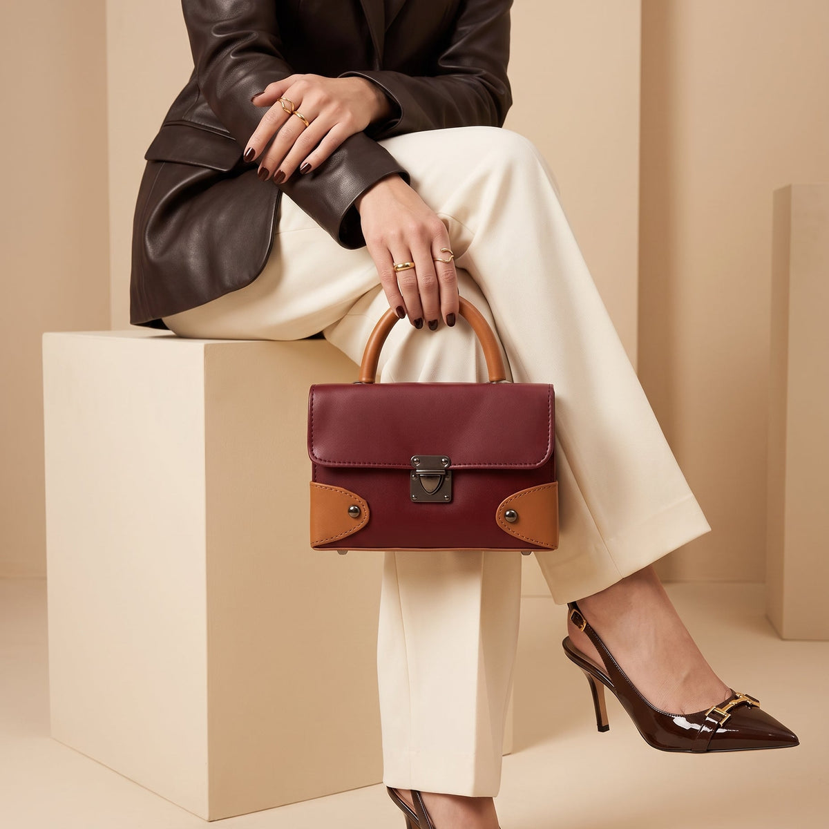 Contrast Box Bag - Dark Maroon
